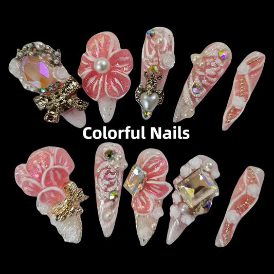 Colorfulnails（D05） pink sweet hand-carved long pointy luxury press on nails with flowers geams