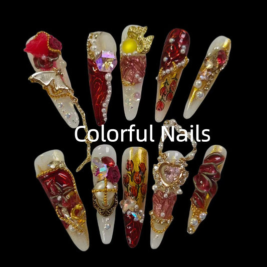 Colorfulnails（D06） the crimson princess  long pointy press on nails with bow butterfly flower geams jewelry