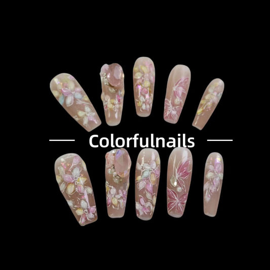 Colorfulnails（D07）Three-dimensional flower Hand-painted  long square shape press on nails with  flower geams jewelry