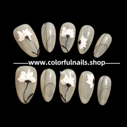 Colorfulnails(103）Hand-painted  almond shape press on nails with hand made  flower