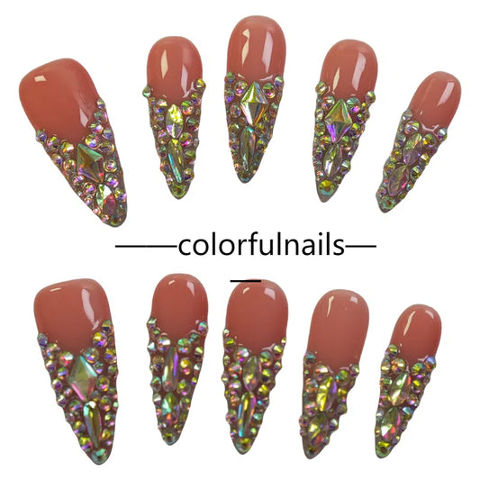 Colorfulnails（F30）Hand-painted french long pointy shape press on nails with  geams jewelry