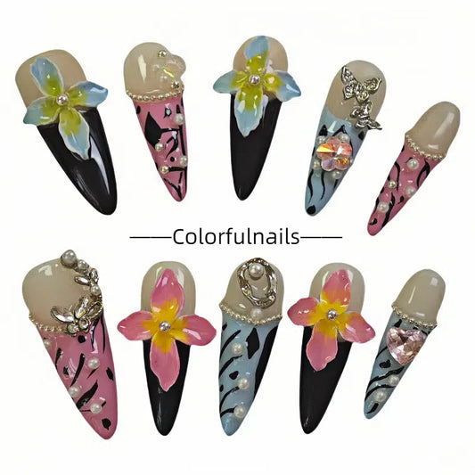 Colorfulnails（D32）Three-dimensional flower Hand-painted  long pointy shape press on nails with  flower geams jewelry