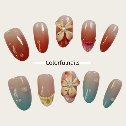 Colorfulnails（D02)Three-dimensional flower handmade luxury Hand-painted  long pointy shape press on nails with  flower geams jewelry