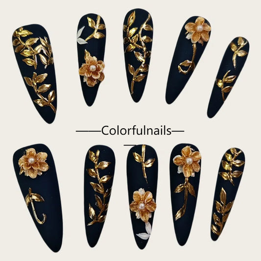 Colorfulnails（D03）Three-dimensional flower Hand-painted  long pointy shape press on nails with  flower geams jewelry