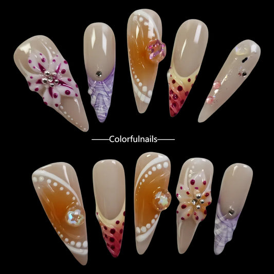 Colorfulnails（D30）Three-dimensional flower Hand-painted  long pointy shape press on nails with  flower geams jewelry