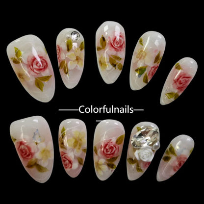 Colorfulnails（F40）Hand-painted rose petals  almond shape press on nails with bow butterfly flower geams jewelry