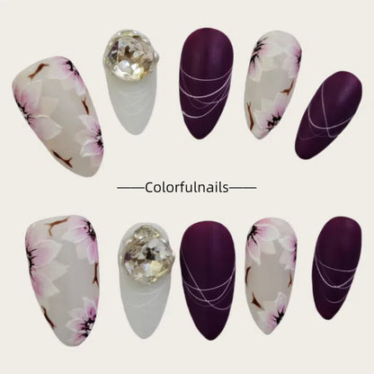 Colorfulnails（F01）Hand-painted purple petals  almond shape press on nails with bow butterfly flower geams jewelry