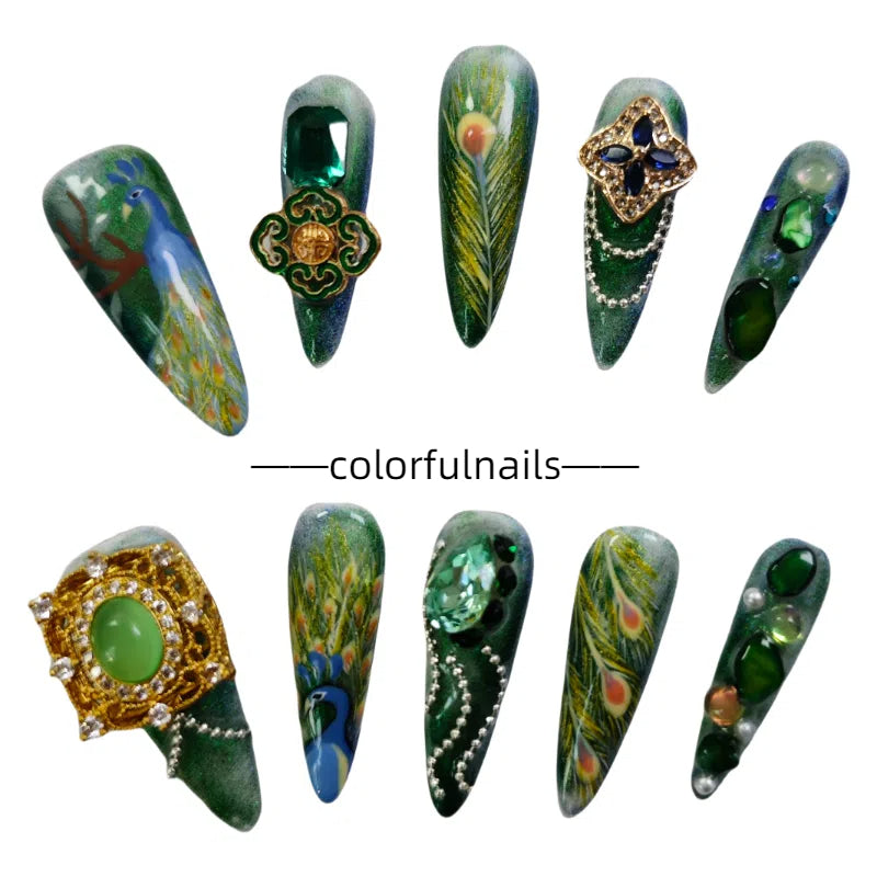 Colorfulnails(F10）Hand-painted rose petals long pointy shape press on nails with bow Peacock animal  flower geams jewelry green stone