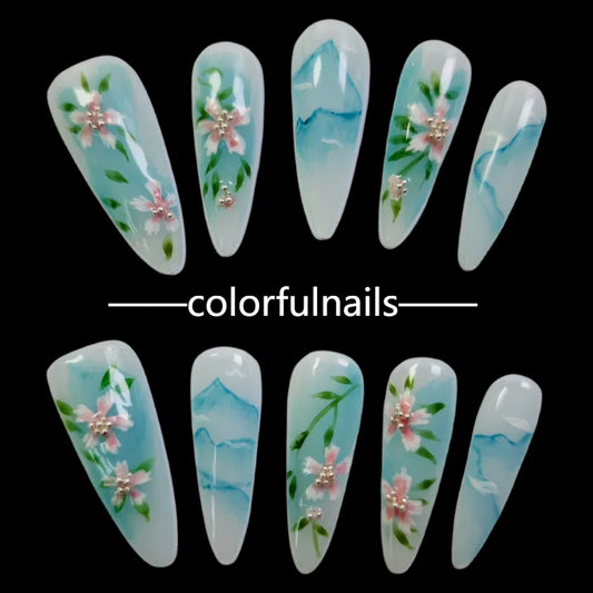 Colorfulnails（F14）Hand-painted purple petals long pointy shape press on nails with bow green flower geams jewelry